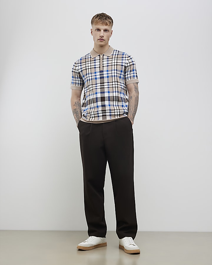 River Island Beige Slim Fit Check Collar Polo Shirt