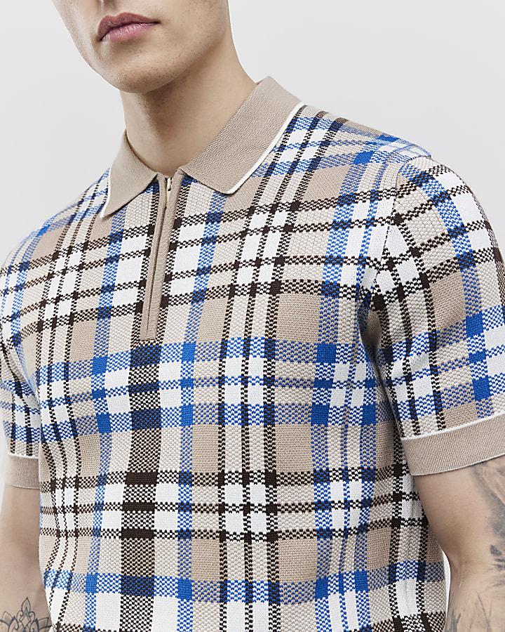 River Island Beige Slim Fit Check Collar Polo Shirt