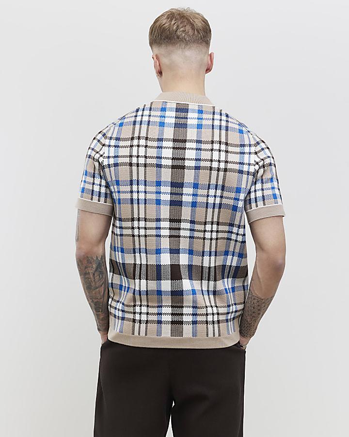 River Island Beige Slim Fit Check Collar Polo Shirt