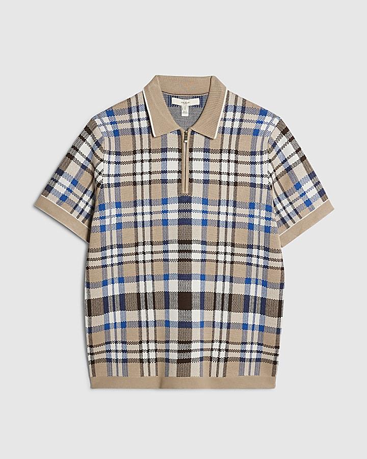 river island Beige Slim Fit Check Collar Polo Shirt