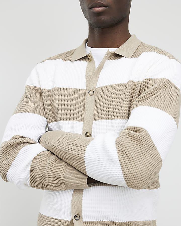 River Island Beige Slim Fit Knitted Stripe Cardigan