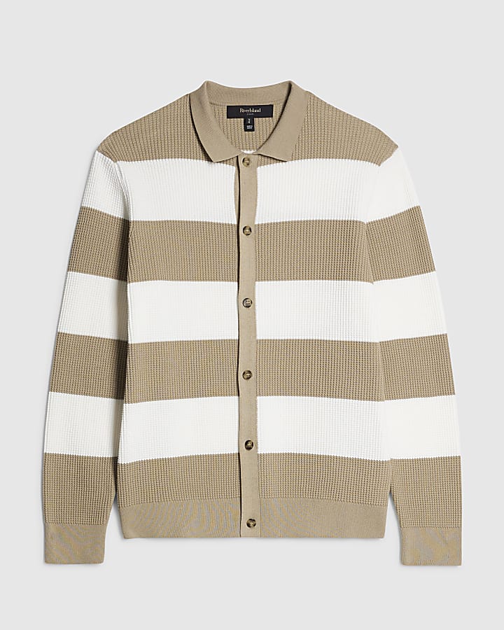 river island Beige Slim Fit Knitted Stripe Cardigan