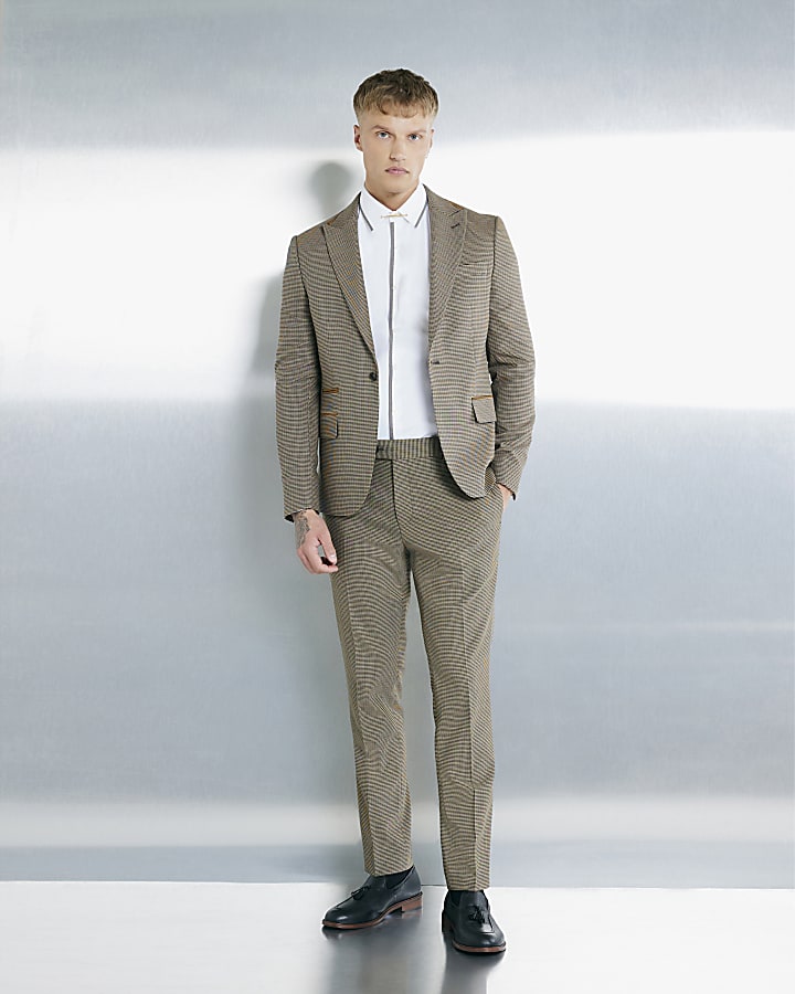 River Island Beige Slim Fit Puppytooth Check Suit Jacket