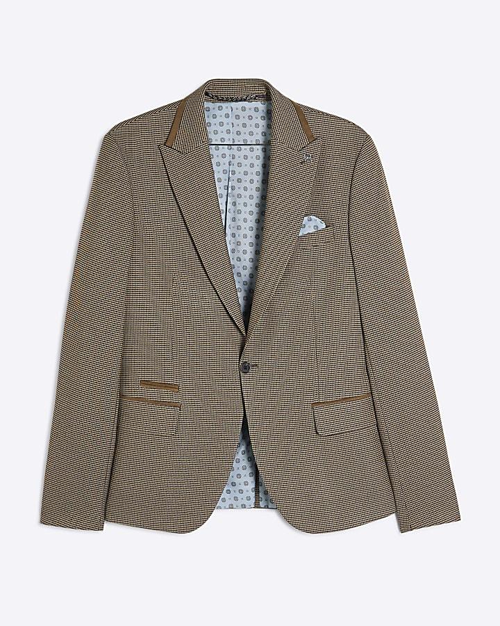 river island Beige Slim Fit Puppytooth Check Suit Jacket