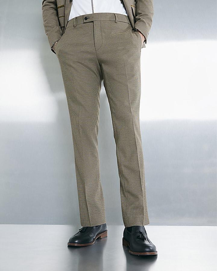 River Island Beige Slim Fit Puppytooth Check Suit Trousers