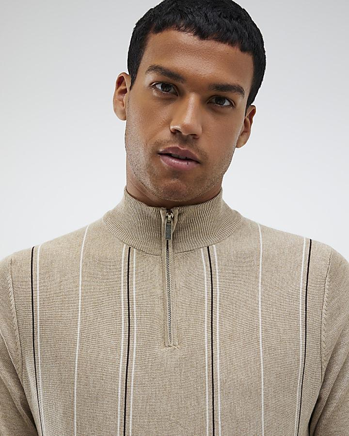 River Island Beige Slim Fit Striped Half Zip Jumper