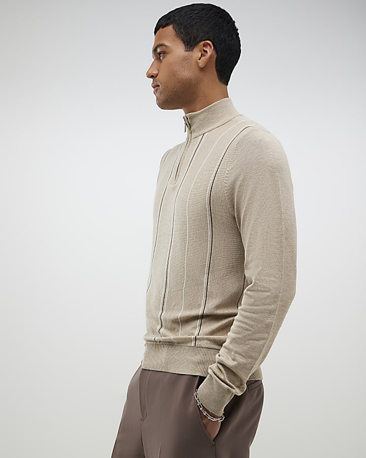 River Island Beige Slim Fit Striped Half Zip Jumper