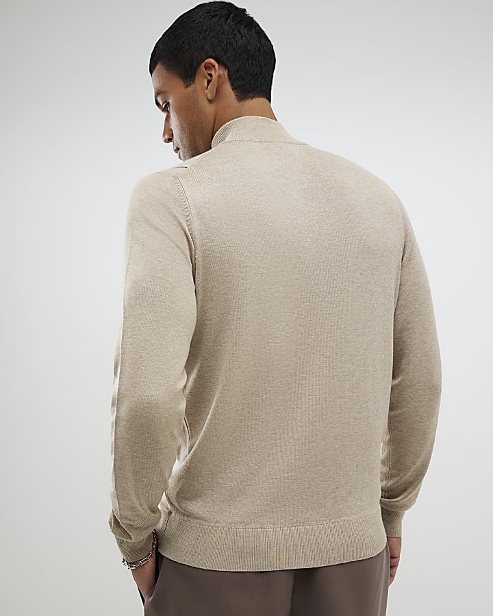 River Island Beige Slim Fit Striped Half Zip Jumper