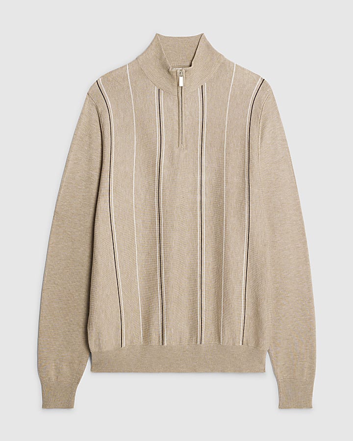river island Beige Slim Fit Striped Half Zip Jumper