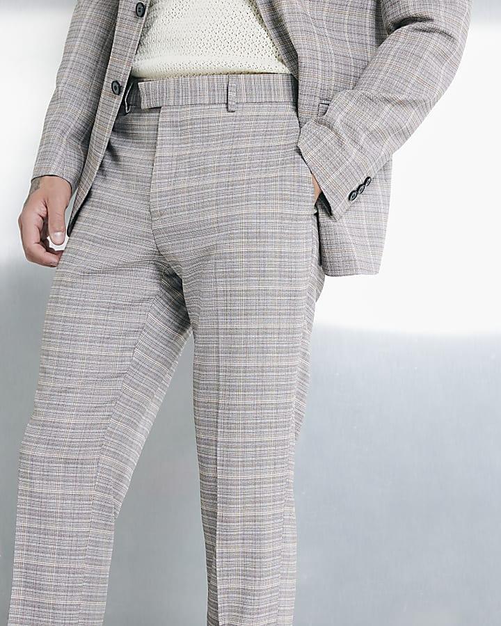 River Island Beige Tailored Fit Check Suit Trousers