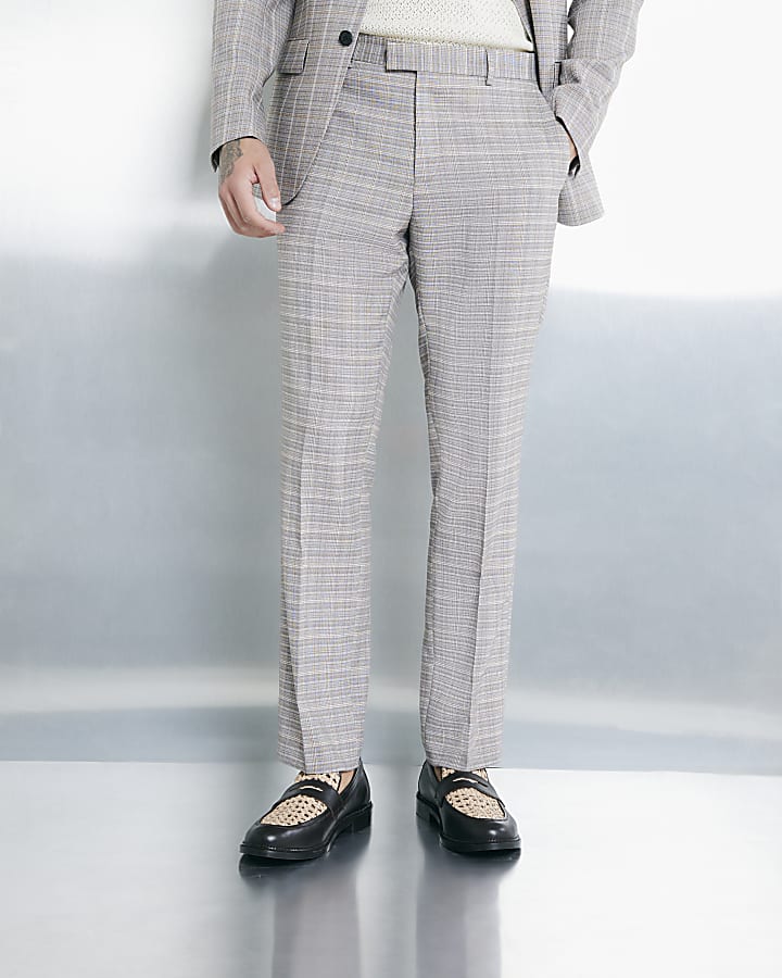River Island Beige Tailored Fit Check Suit Trousers