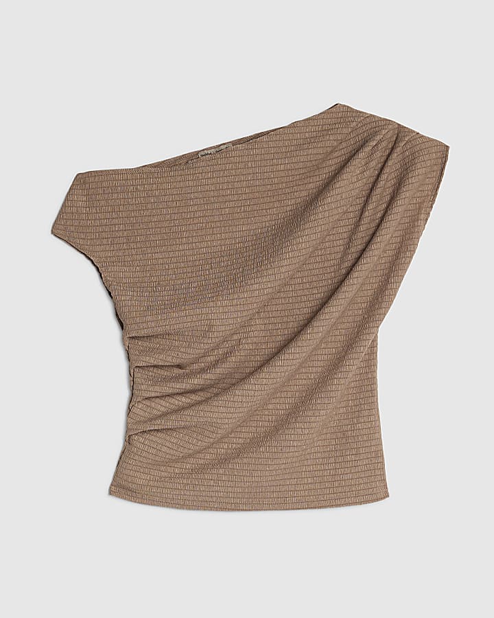 river island Beige Textured Pleated Off Shoulder Top