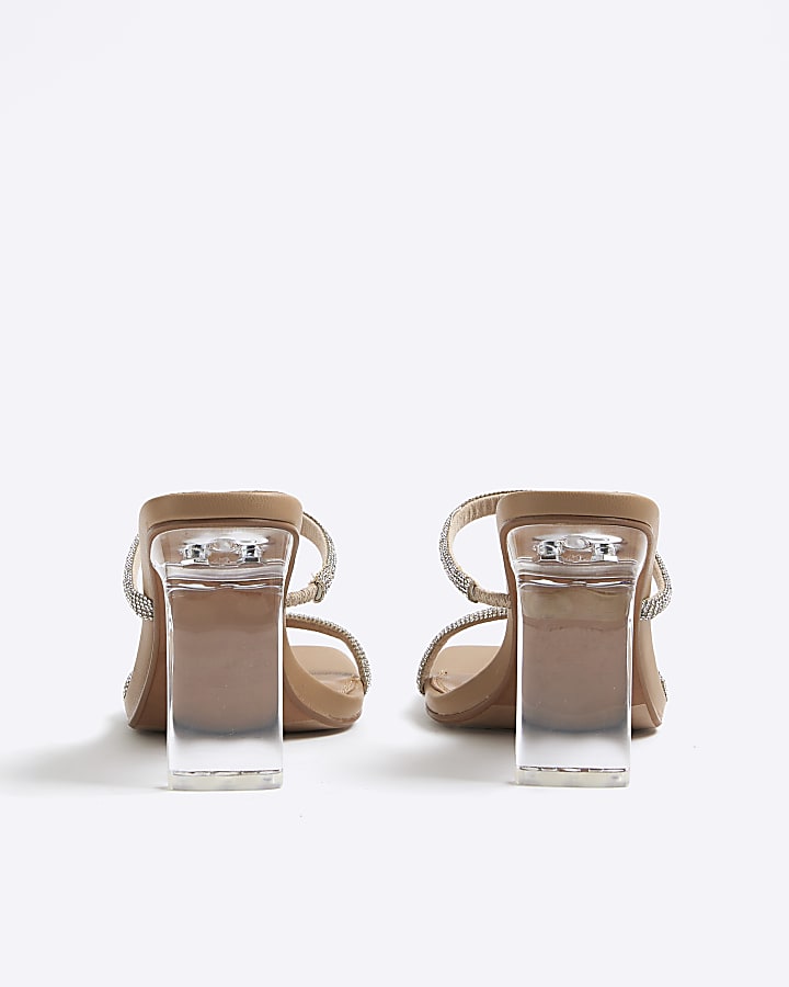 River Island Beige Wide Fit Diamante Strap Heeled Sandals