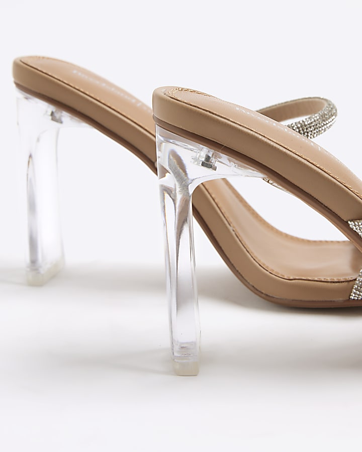 river island Beige Wide Fit Diamante Strap Heeled Sandals
