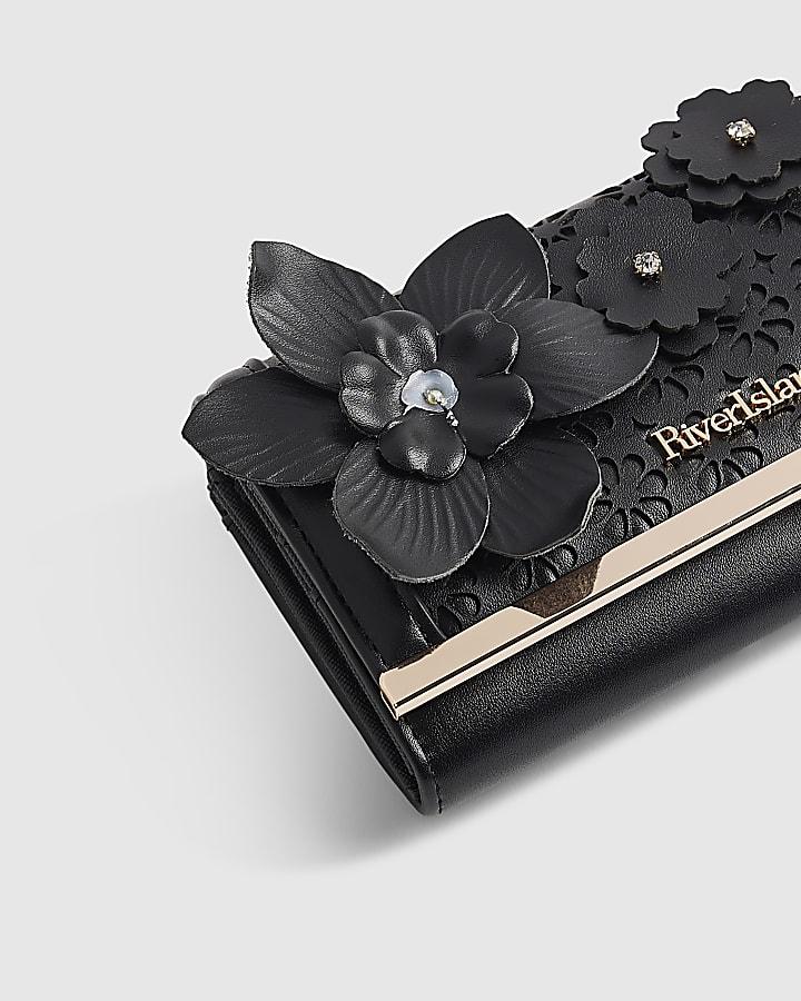 river island Black 3D Floral Laser Cut Clip Top Purse