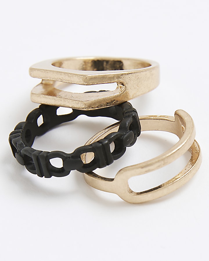 River Island Black And Gold Metal Multi Pack Of 5 Rings
