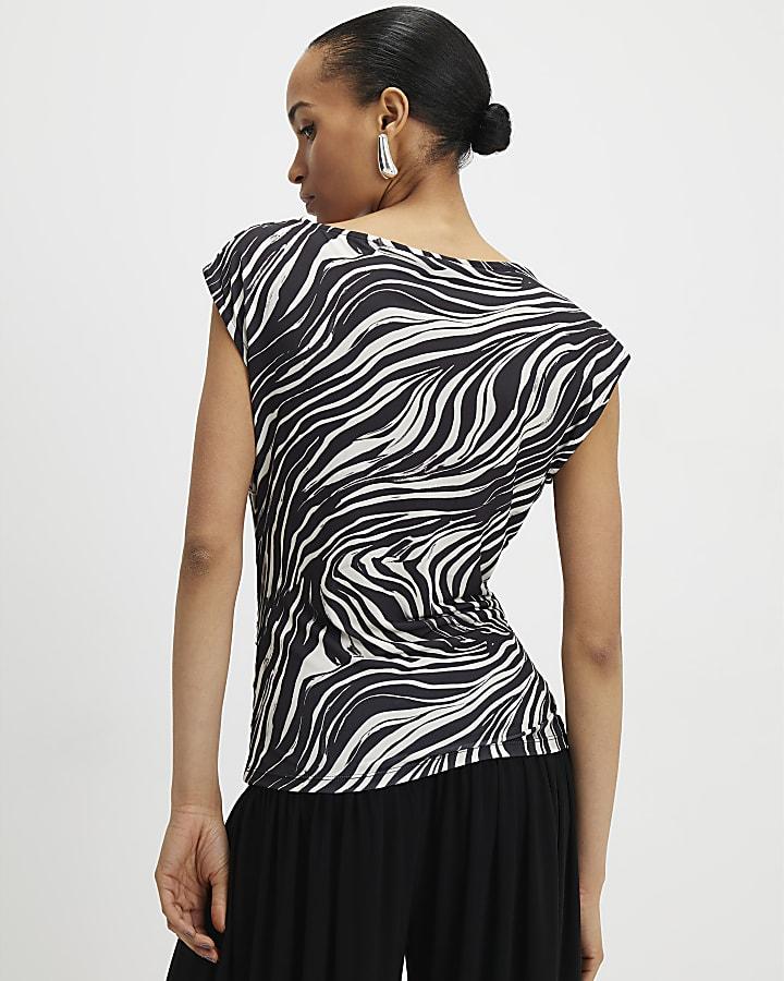 River Island Black Animal Print Ruched Short Sleeve Top