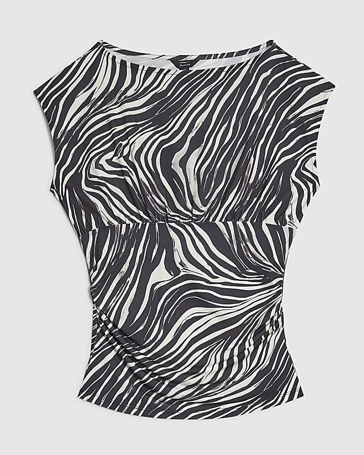 river island Black Animal Print Ruched Short Sleeve Top