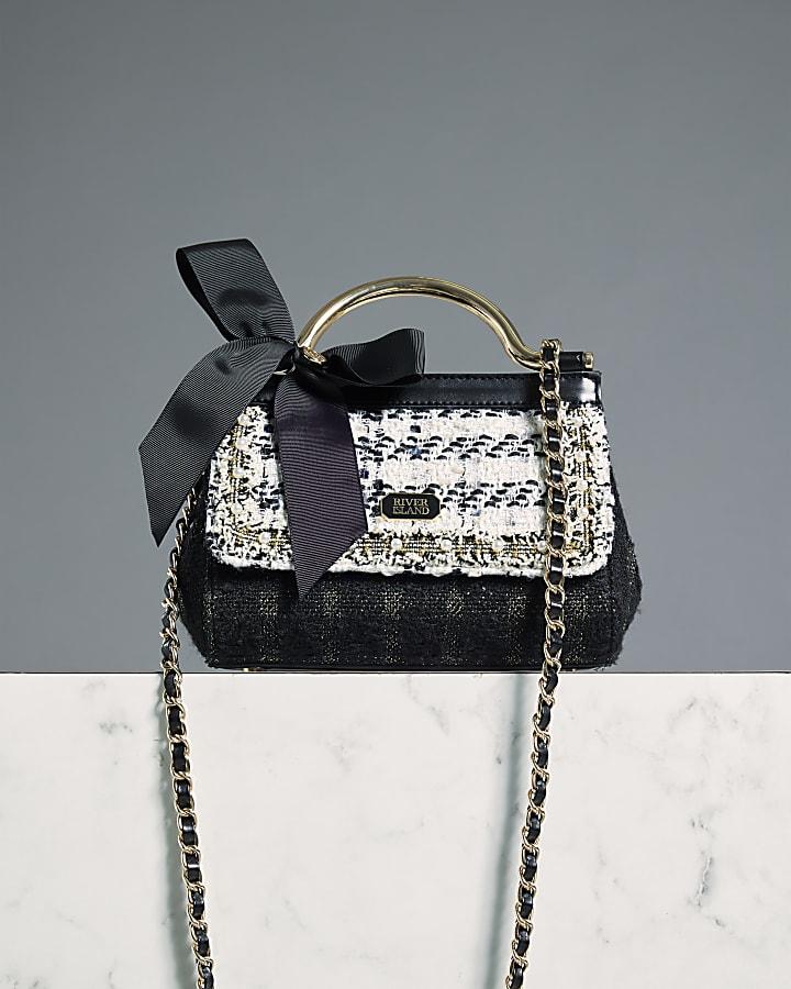 River Island Black Boucle Bow Metal Handle Tote Bag