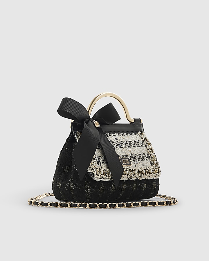 River Island Black Boucle Bow Metal Handle Tote Bag