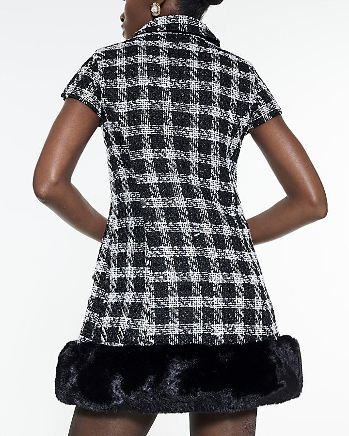 River Island Black Boucle Check Faux Fur Hem Mini Dress