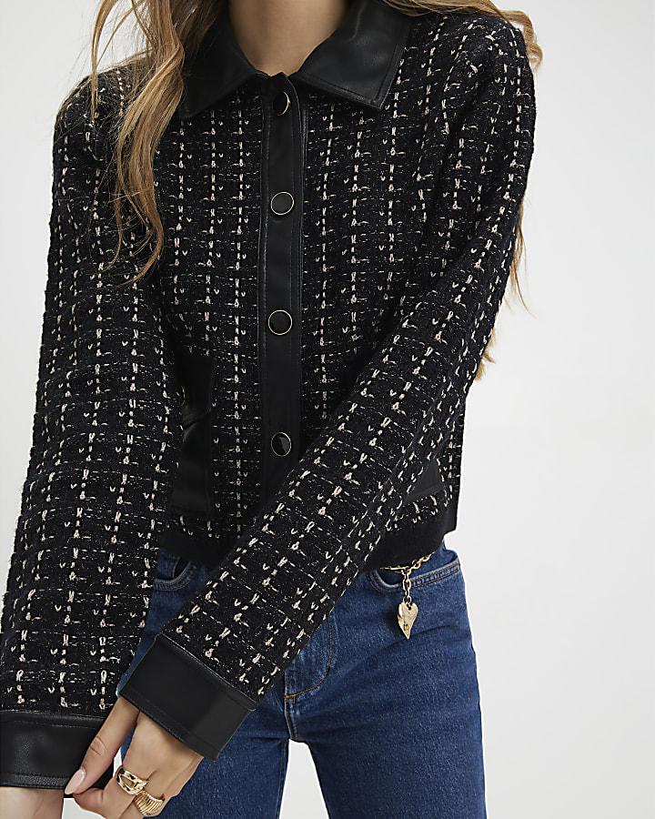 River Island Black Boucle Faux Leather Trim Cardigan