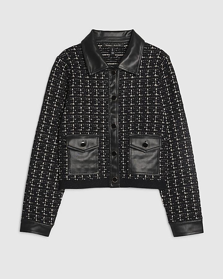 river island Black Boucle Faux Leather Trim Cardigan