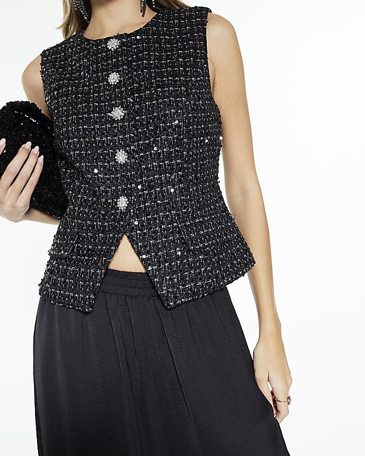 River Island Black Boucle Sleeveless Sequin Waistcoat