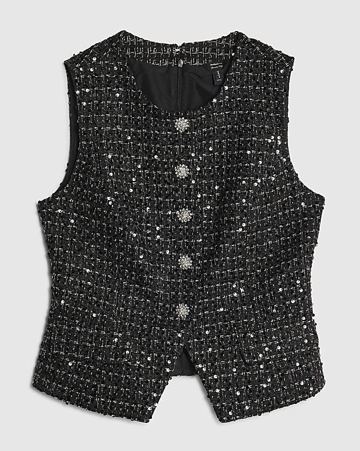 river island Black Boucle Sleeveless Sequin Waistcoat