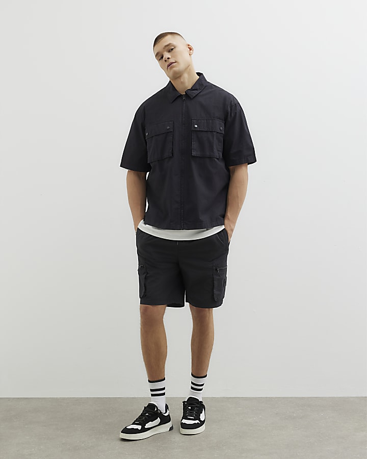 River Island Black Boxy Fit Short Sleeve Zipped Shirt