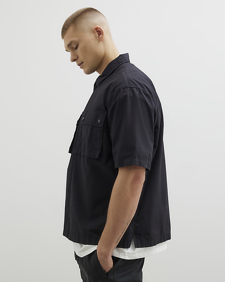 River Island Black Boxy Fit Short Sleeve Zipped Shirt