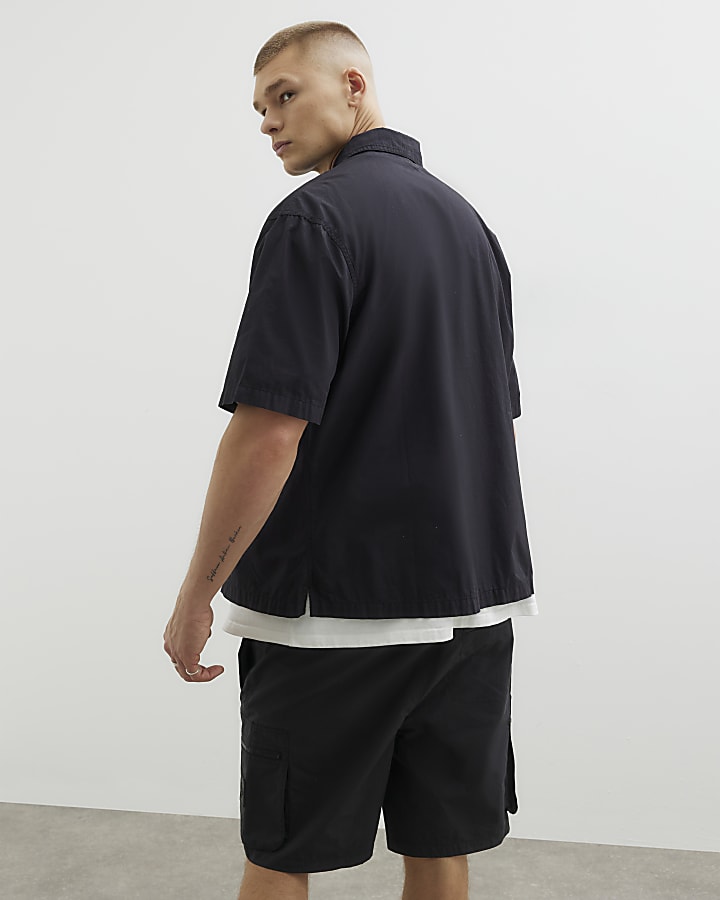 River Island Black Boxy Fit Short Sleeve Zipped Shirt