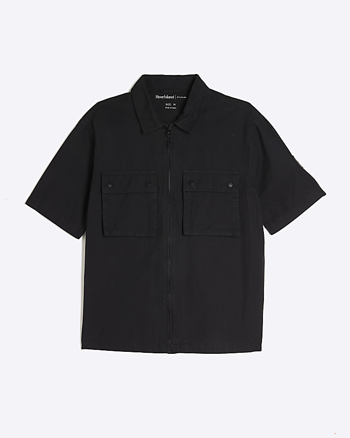 river island Black Boxy Fit Short Sleeve Zipped Shirt