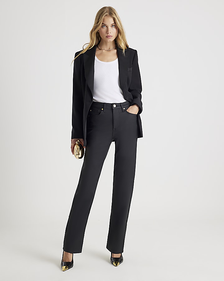 River Island Black Coated High Rise Stretch Straight Jeans