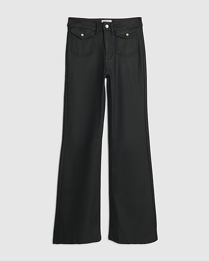 river island Black Coated Pocket Relaxed Flare Jeans