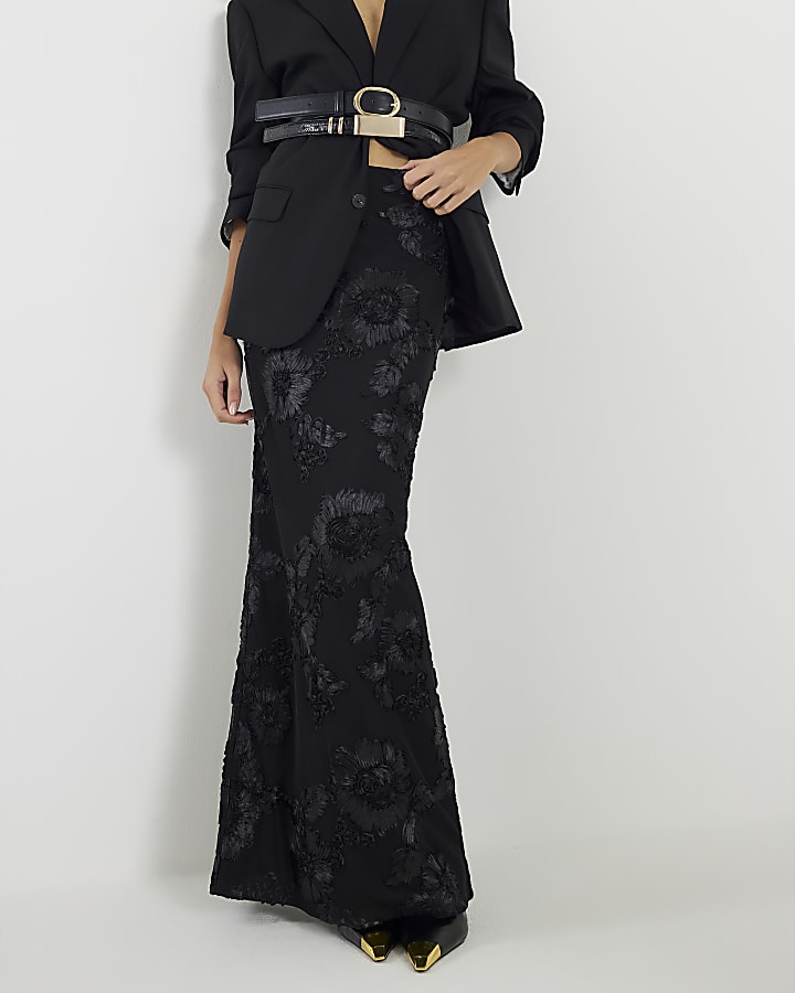 River Island Black Cornelli Floral Embroidered Maxi Skirt