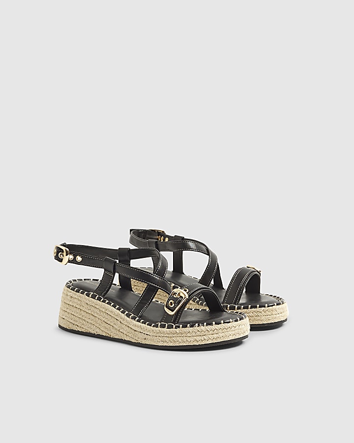 River Island Black Cross Strap Sling Back Wedge Sandals