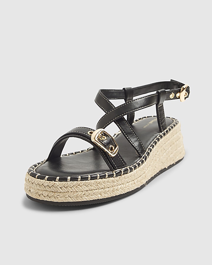 river island Black Cross Strap Sling Back Wedge Sandals