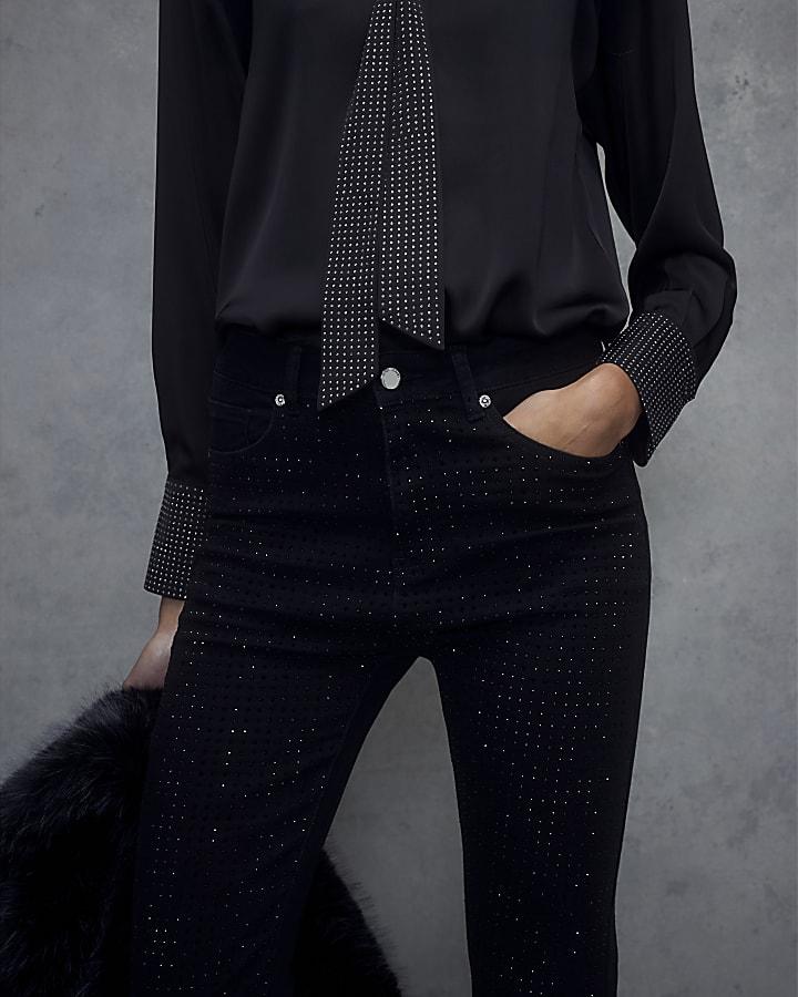 River Island Black Diamante Stretch Straight Leg Jeans