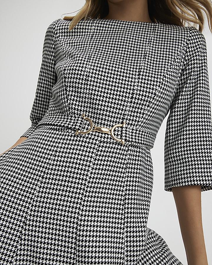 River Island Black Dogtooth Print Belted Midi Dress