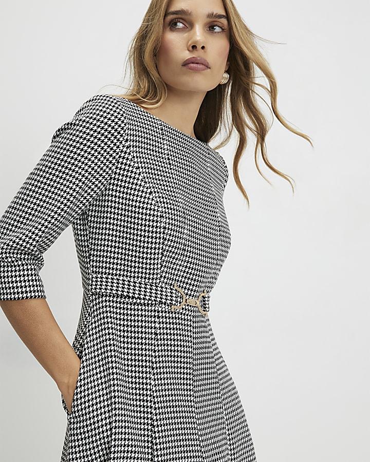 River Island Black Dogtooth Print Belted Midi Dress