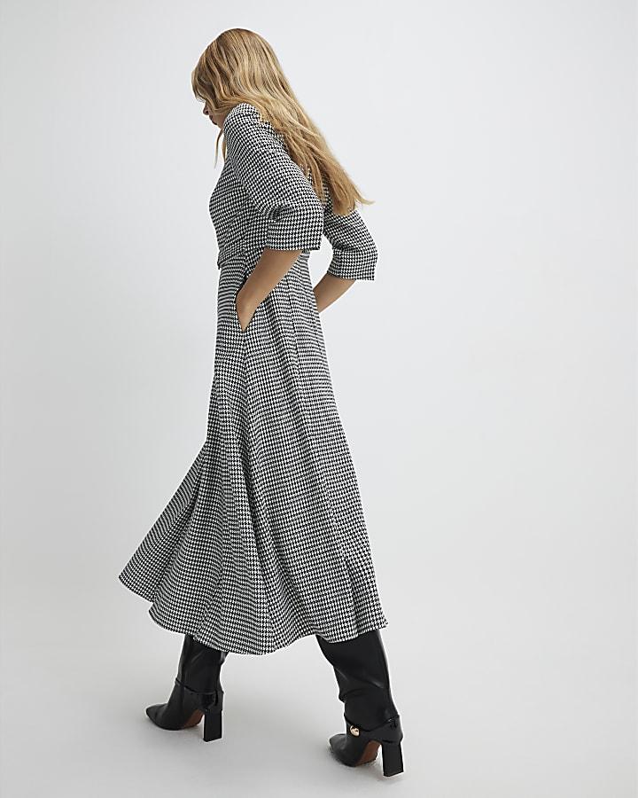 River Island Black Dogtooth Print Belted Midi Dress