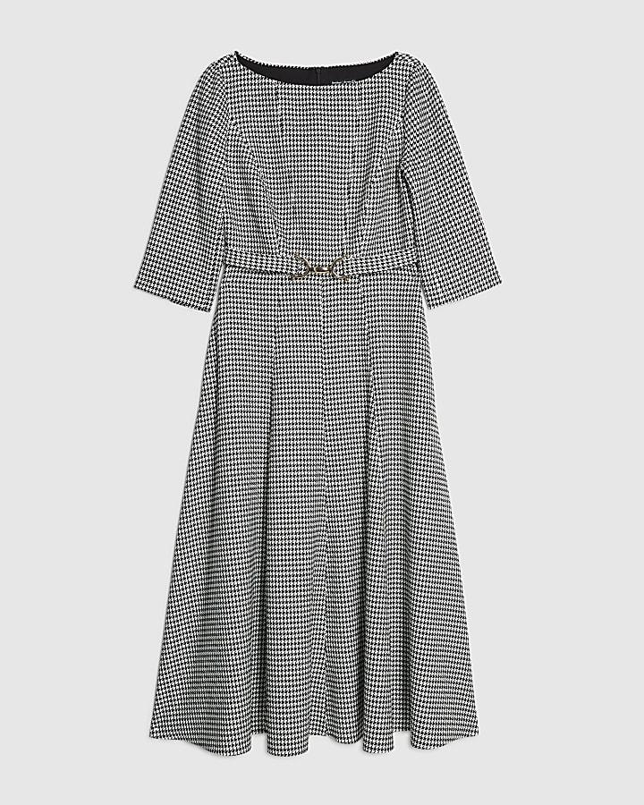 river island Black Dogtooth Print Belted Midi Dress