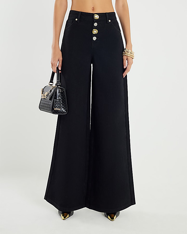 River Island Black Embellished Button Front Palazzo Jeans