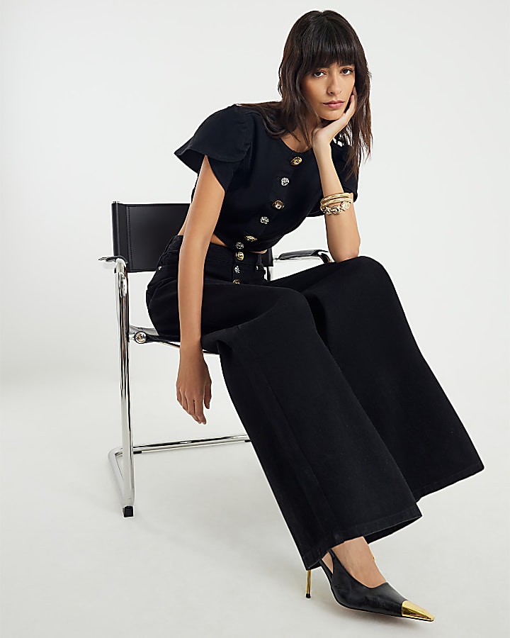 River Island Black Embellished Button Front Palazzo Jeans