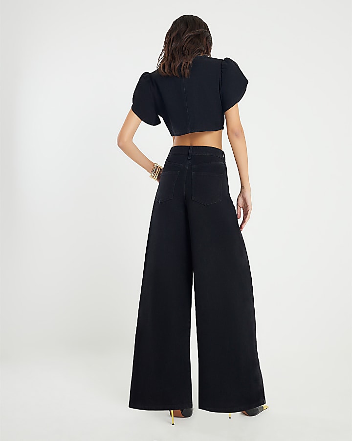 River Island Black Embellished Button Front Palazzo Jeans