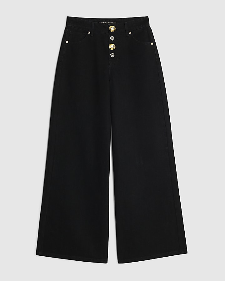 river island Black Embellished Button Front Palazzo Jeans
