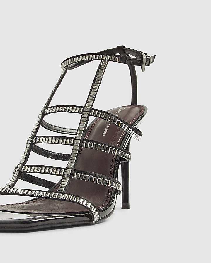 river island Black Embellished Cut Out Heeled Sandals