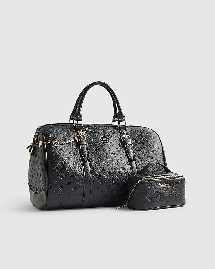 River Island Black Embossed Monogram Barrel Bag Bundle