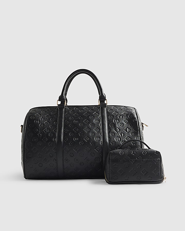 River Island Black Embossed Monogram Barrel Bag Bundle